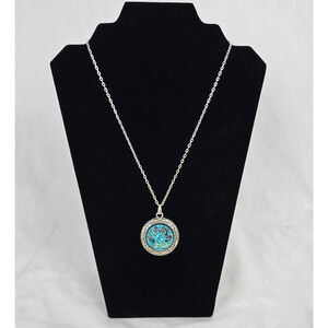 Czech Glass Pendant Necklace 20" Blue & Silver Tones NWT